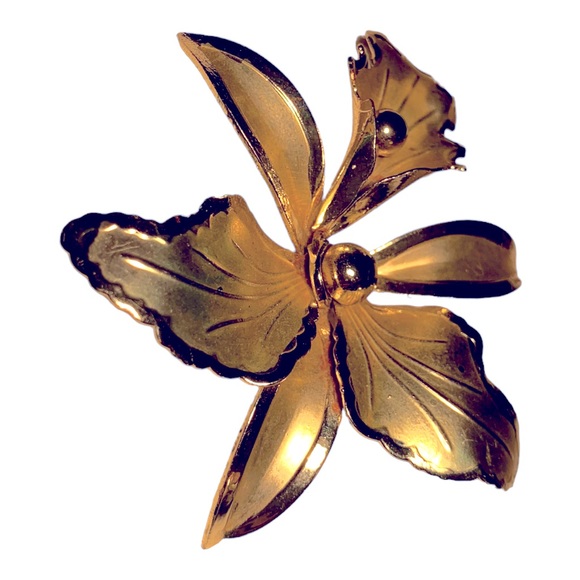 Vintage Orchid in Bloom Floral Jewelry Brooch Pin Light Gold Tone - Picture 3 of 5